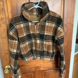 Plaid Cropped Fleece Zip Jacket